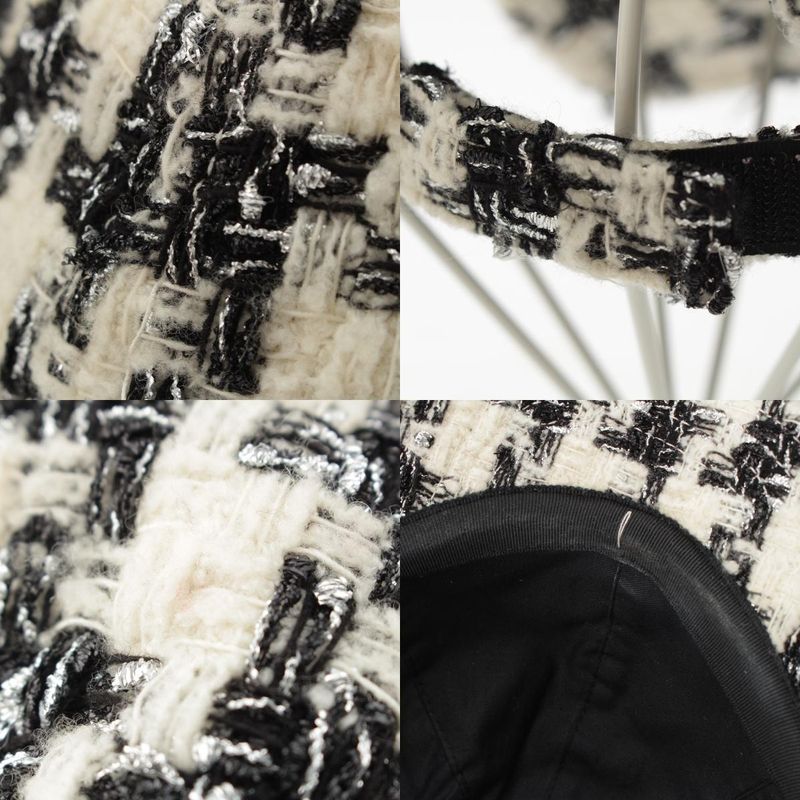 Chanel Wool Mix Tweed Coco Mark Plaid Baseball Cap Hat Black White M