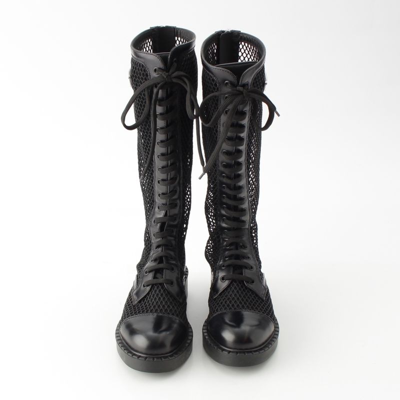 Prada Lace Up Long Boots Mesh Triangle Logo Boots 1w907m Black 36