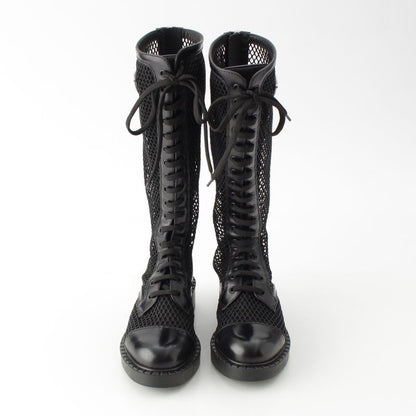 Prada Lace Up Long Boots Mesh Triangle Logo Boots 1w907m Black 36