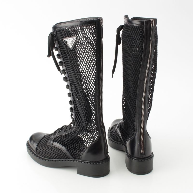 Prada Lace Up Long Boots Mesh Triangle Logo Boots 1w907m Black 36