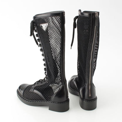 Prada Lace Up Long Boots Mesh Triangle Logo Boots 1w907m Black 36