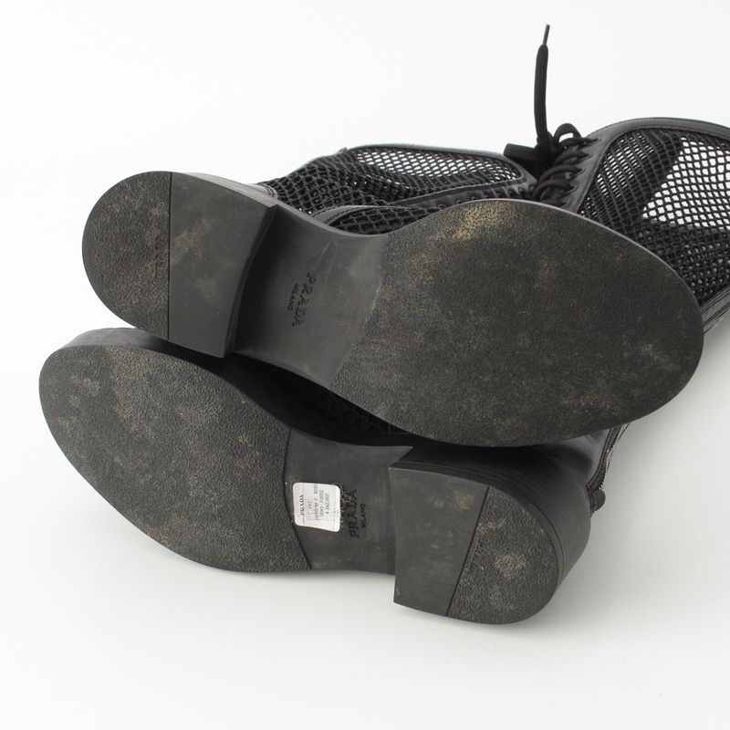 Prada Lace Up Long Boots Mesh Triangle Logo Boots 1w907m Black 36