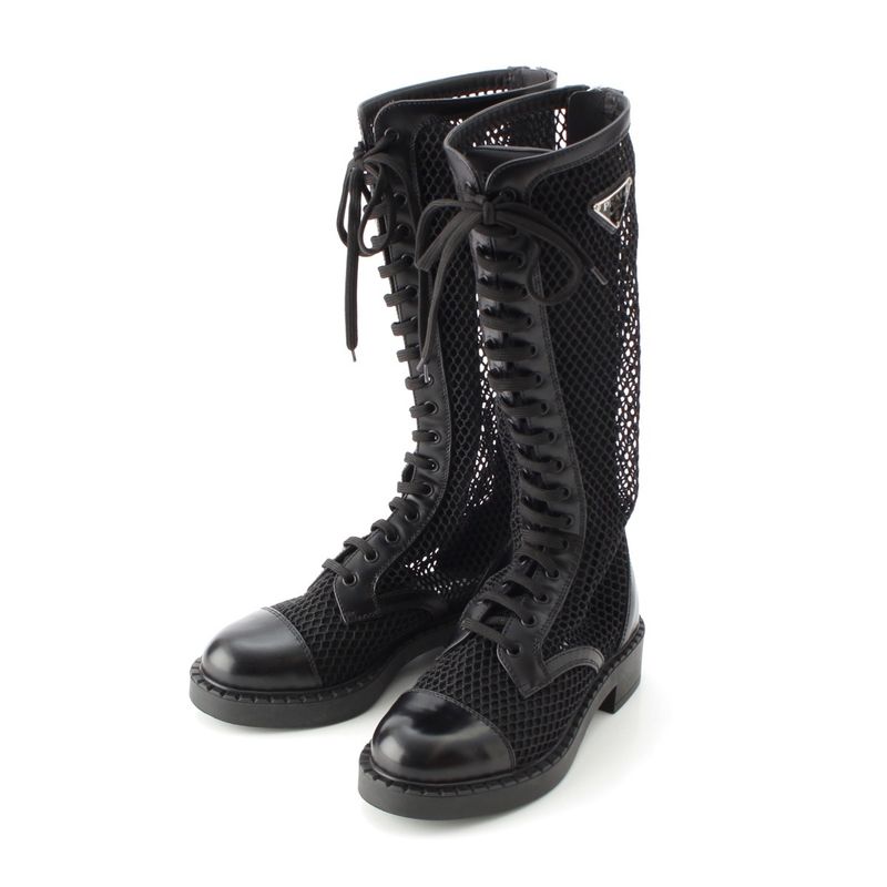 Prada Lace Up Long Boots Mesh Triangle Logo Boots 1w907m Black 36