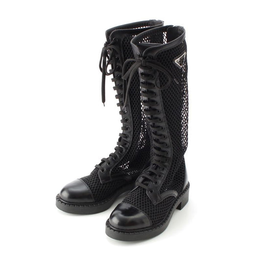 Prada Lace Up Long Boots Mesh Triangle Logo Boots 1w907m Black 36