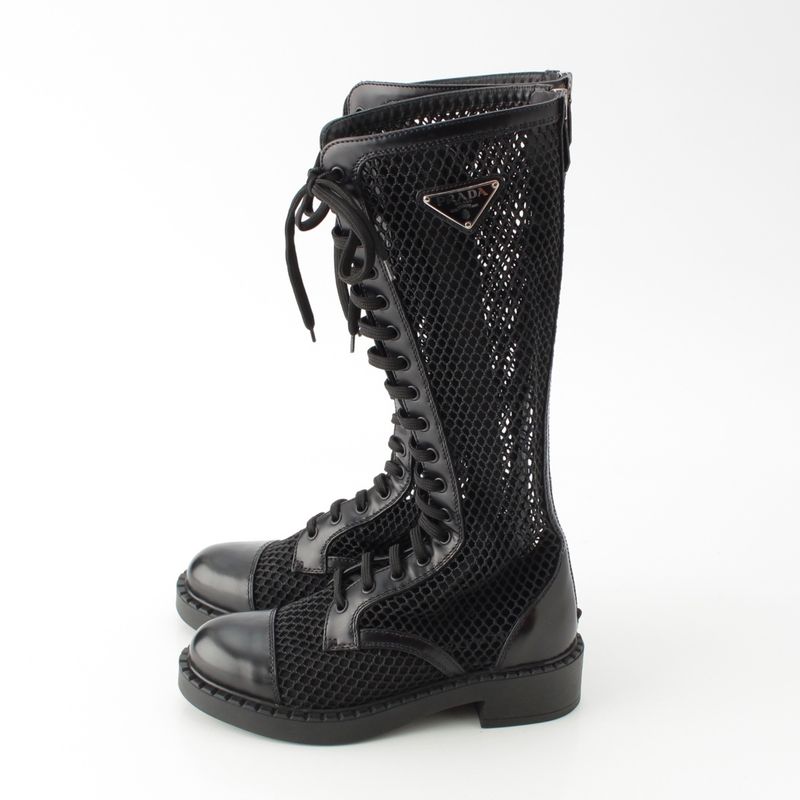 Prada Lace Up Long Boots Mesh Triangle Logo Boots 1w907m Black 36