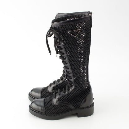 Prada Lace Up Long Boots Mesh Triangle Logo Boots 1w907m Black 36