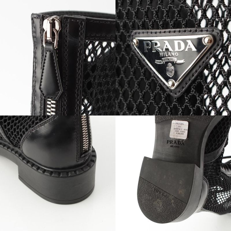Prada Lace Up Long Boots Mesh Triangle Logo Boots 1w907m Black 36