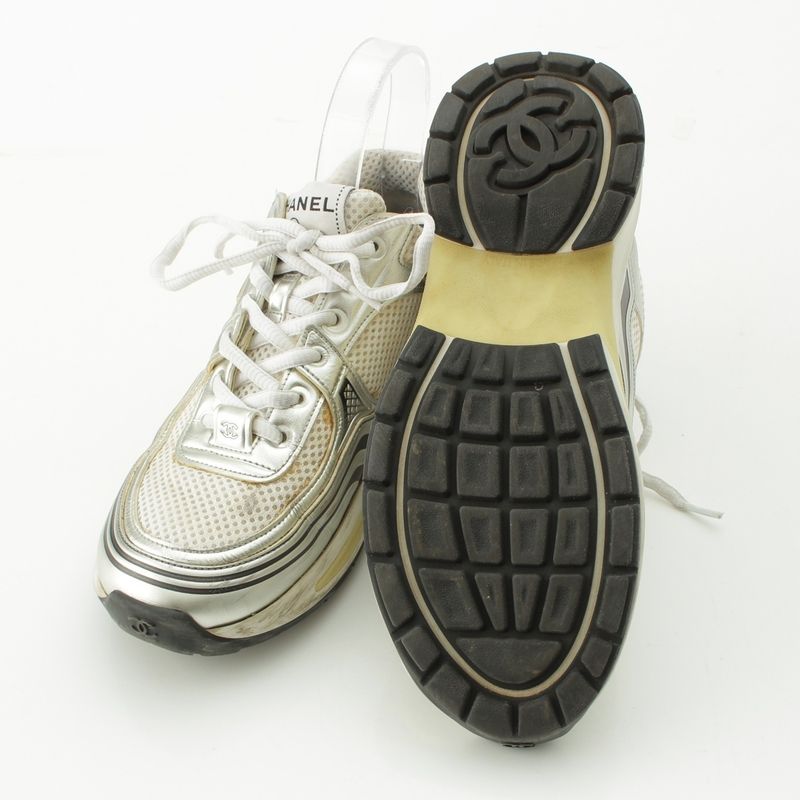 Chanel Mesh Coco Mark Sneakers Low Cut G39792 Silver White 37