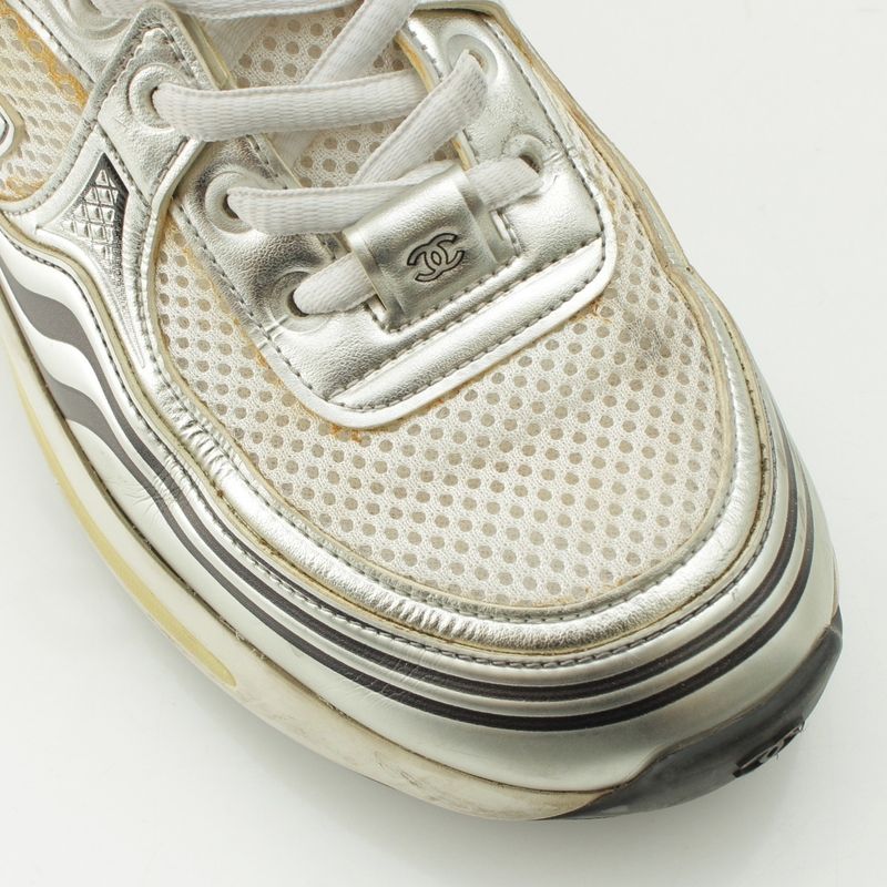 Chanel Mesh Coco Mark Sneakers Low Cut G39792 Silver White 37