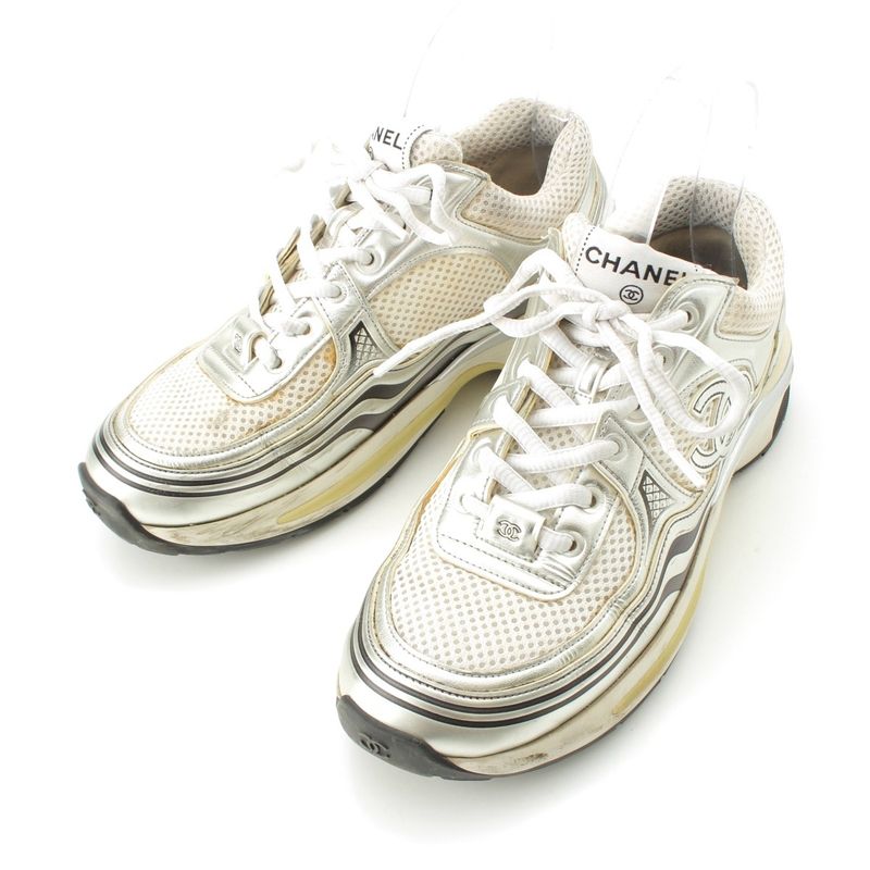 Chanel Mesh Coco Mark Sneakers Low Cut G39792 Silver White 37