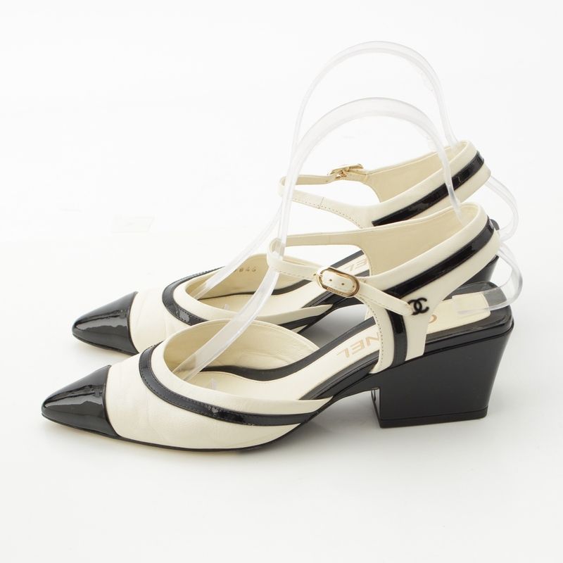 Chanel Leather Coco Mark Bicolor Suring Bag Pumps Shoes G38846 Black White 37c