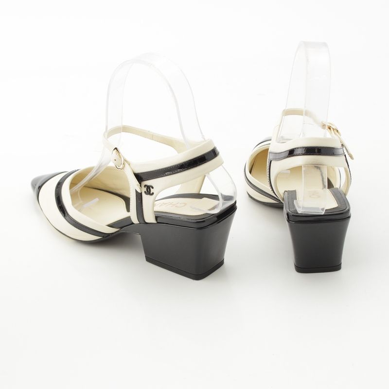 Chanel Leather Coco Mark Bicolor Suring Bag Pumps Shoes G38846 Black White 37c