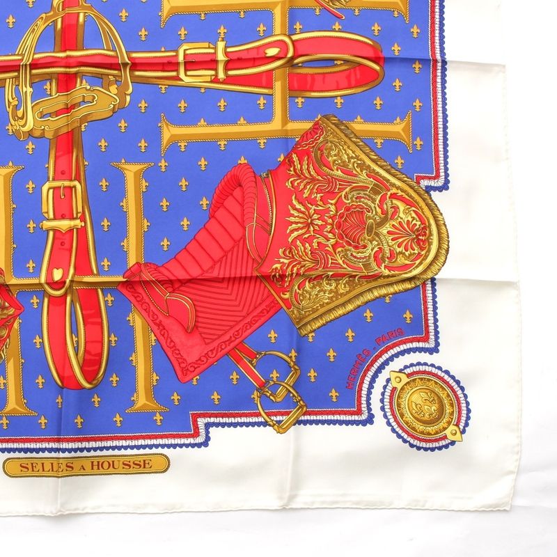 Hermes Carré 90 Selles a Housse Cabas - Sitting Silk Scarf White Multicolor