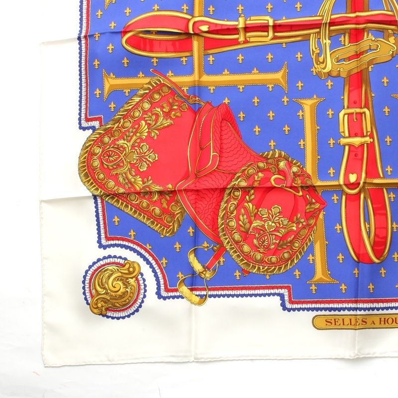 Hermes Carré 90 Selles a Housse Cabas - Sitting Silk Scarf White Multicolor