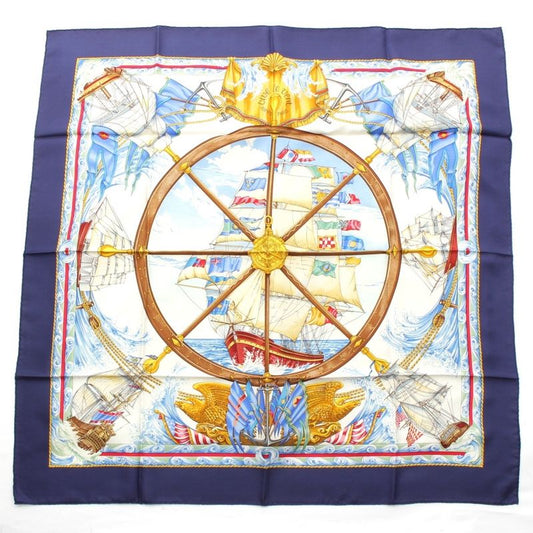 Hermes Carre 90 Vive le Vent Wind Blow Silk Ship Nautical Scarf Navy Multicolor
