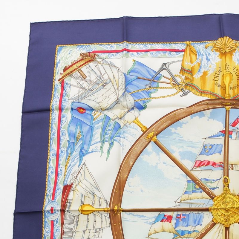 Hermes Carre 90 Vive le Vent Wind Blow Silk Ship Nautical Scarf Navy Multicolor