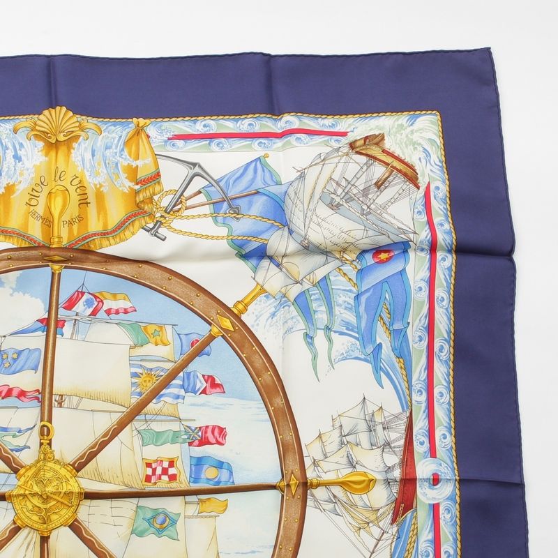 Hermes Carre 90 Vive le Vent Wind Blow Silk Ship Nautical Scarf Navy Multicolor