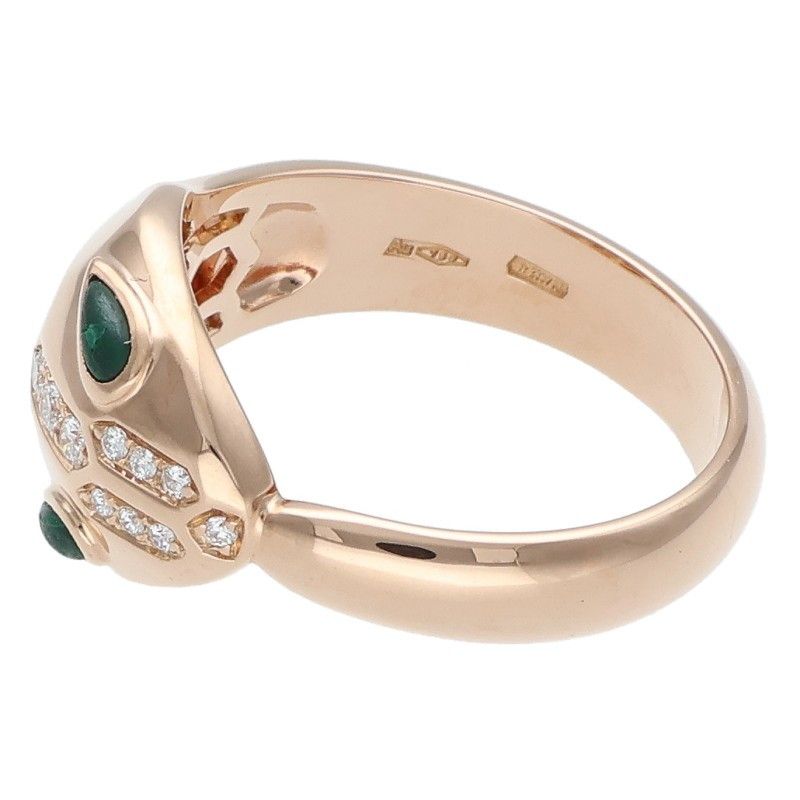 Bvlgari 352688 Serpenti 18k Pink Gold Diamond Malachite Ring Men's Size 16