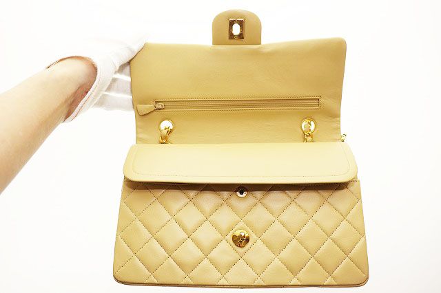 Chanel Matelasse Lambskin Double Flap Double Chain Handbag Beige Gold Aa