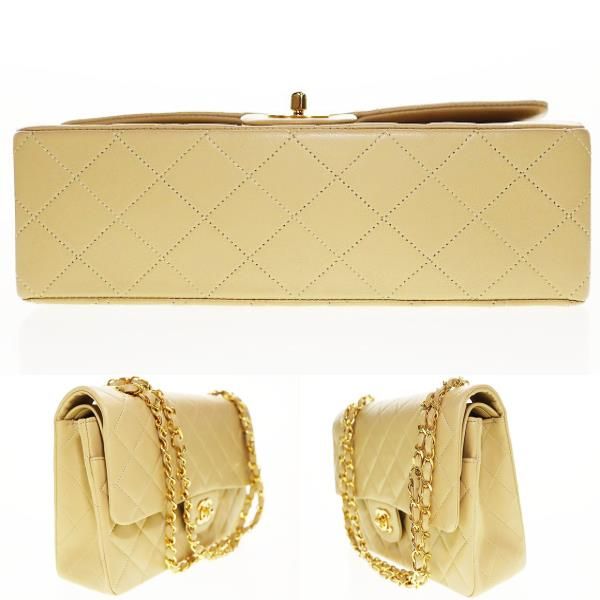 Chanel Matelasse Lambskin Double Flap Double Chain Handbag Beige Gold Aa
