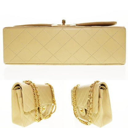 Chanel Matelasse Lambskin Double Flap Double Chain Handbag Beige Gold Aa