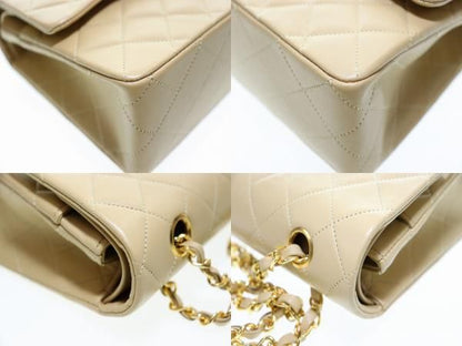 Chanel Matelasse Lambskin Double Flap Double Chain Handbag Beige Gold Aa