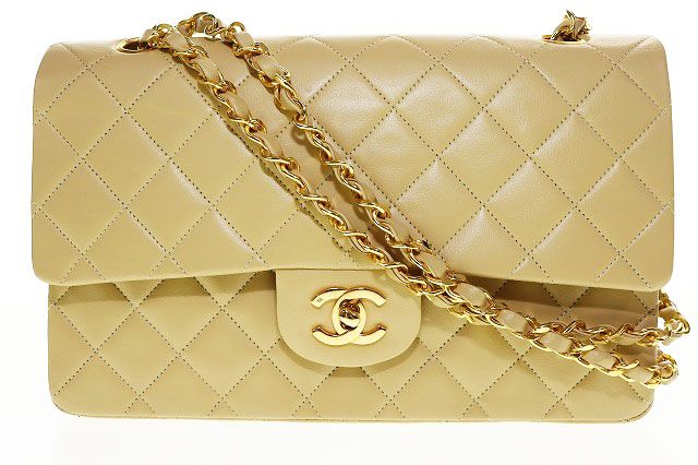 Chanel Matelasse Lambskin Double Flap Double Chain Handbag Beige Gold Aa