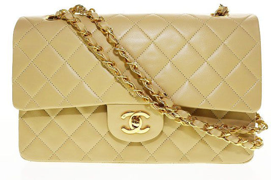 Chanel Matelasse Lambskin Double Flap Double Chain Handbag Beige Gold Aa