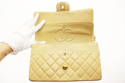 Chanel Matelasse Lambskin Double Flap Double Chain Handbag Beige Gold Aa