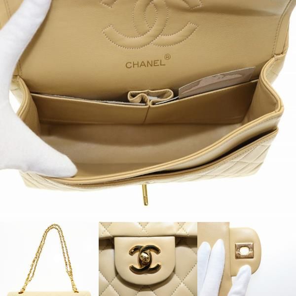 Chanel Matelasse Lambskin Double Flap Double Chain Handbag Beige Gold Aa