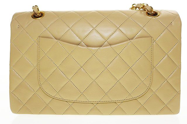 Chanel Matelasse Lambskin Double Flap Double Chain Handbag Beige Gold Aa
