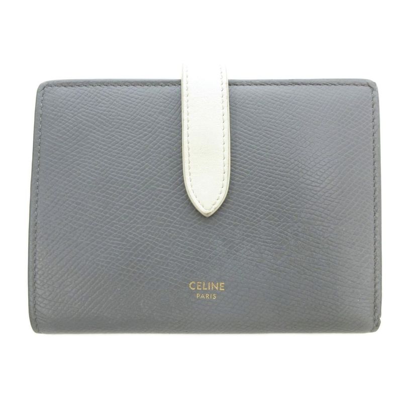 Celine Medium Strap Wallet Bifold Leather Bicolor Gray White Uo