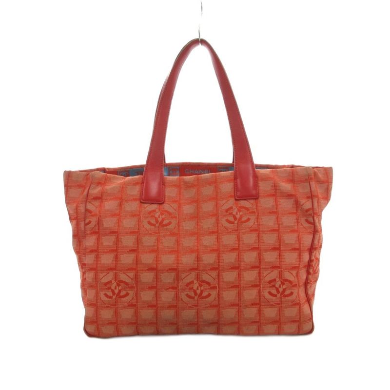 Chanel New Travel Line MM Tote Handbag Coco Mark Jacquard All Pattern Red Uo