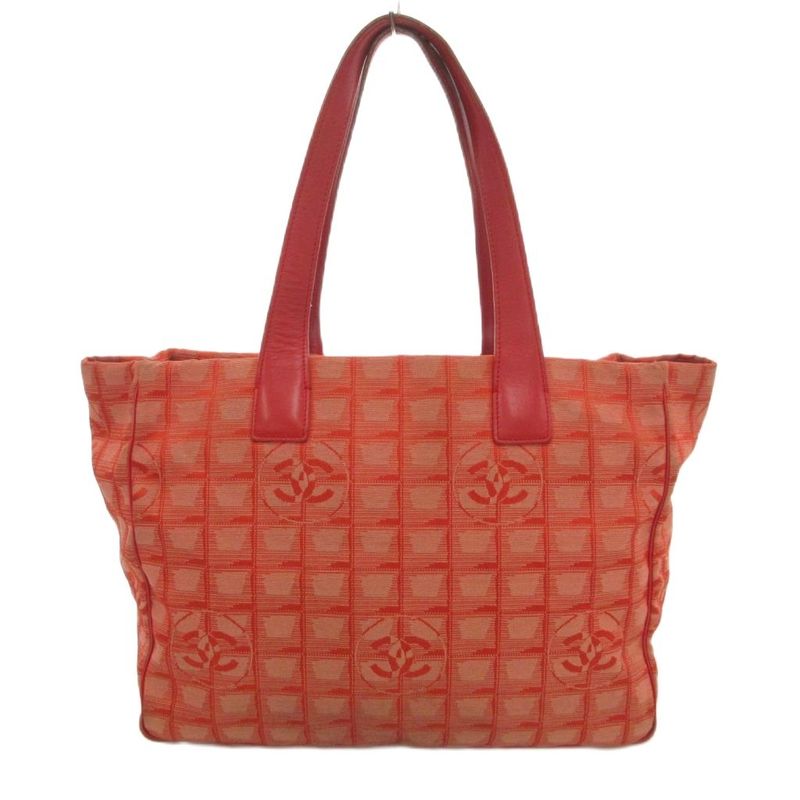 Chanel New Travel Line MM Tote Handbag Coco Mark Jacquard All Pattern Red Uo