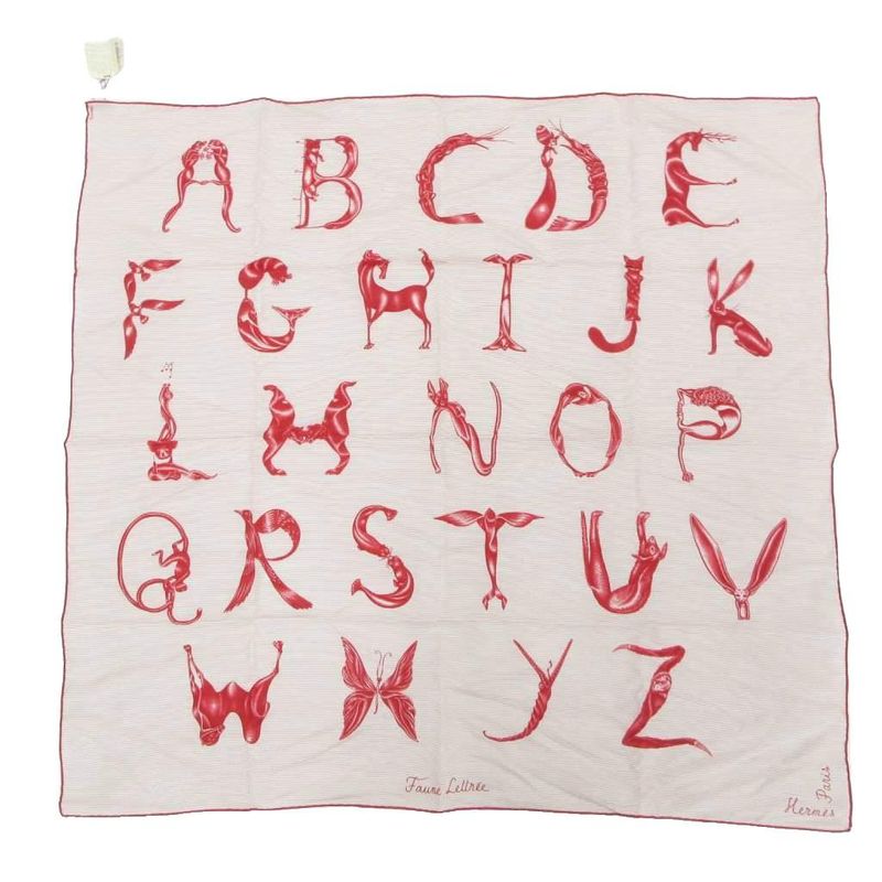 Hermes Tagged Faune Lettree Carré 90 Scarf Silk Animal Lettering Alphabet