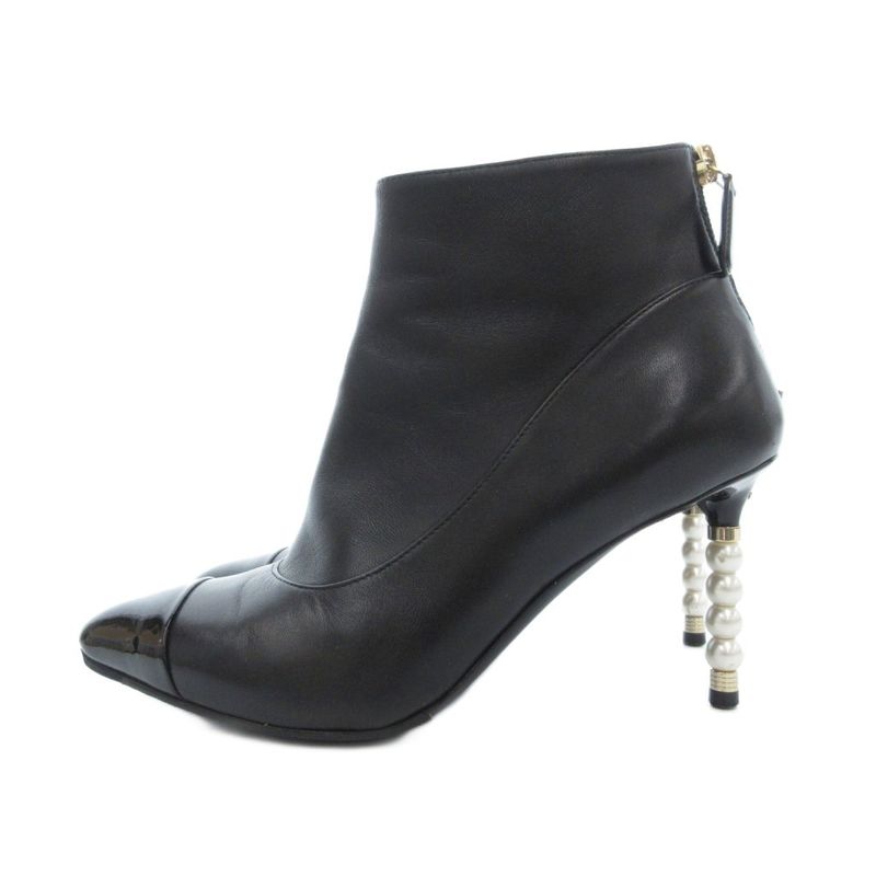 Chanel Booties Short Boots Leather Faux Pearl High Heel Pointed Toe 35.5 Black