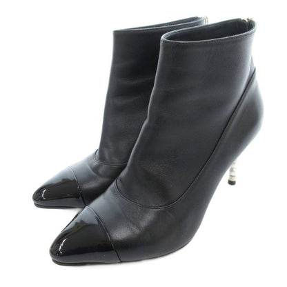 Chanel Booties Short Boots Leather Faux Pearl High Heel Pointed Toe 35.5 Black