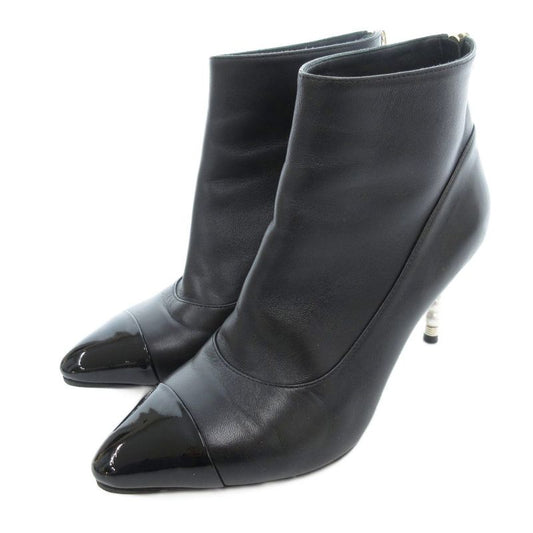Chanel Booties Short Boots Leather Faux Pearl High Heel Pointed Toe 35.5 Black
