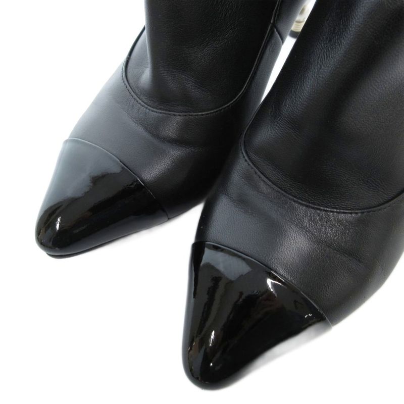 Chanel Booties Short Boots Leather Faux Pearl High Heel Pointed Toe 35.5 Black