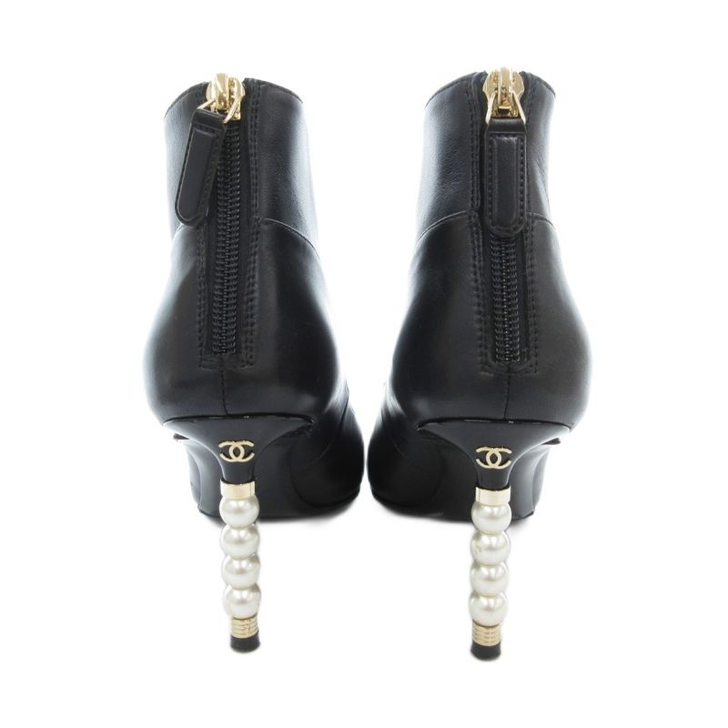 Chanel Booties Short Boots Leather Faux Pearl High Heel Pointed Toe 35.5 Black