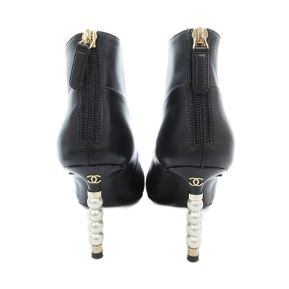 Chanel Booties Short Boots Leather Faux Pearl High Heel Pointed Toe 35.5 Black