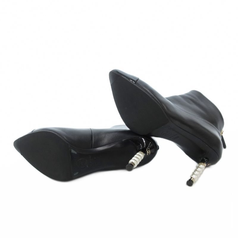 Chanel Booties Short Boots Leather Faux Pearl High Heel Pointed Toe 35.5 Black