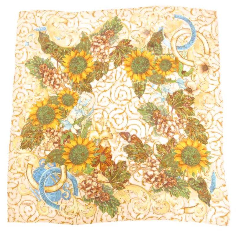 Chanel Scarf Large Size Coco Mark Sunflower Grapes Pink Beige Yellow Type Uo