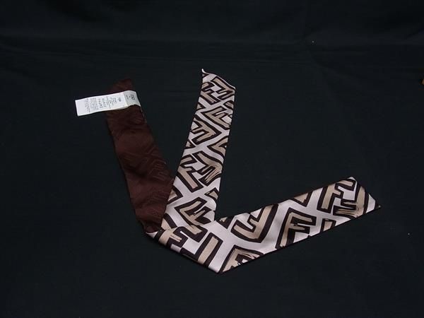 Fendi Scarf Lappy Fxt011 Beige Silk 100% Women's Zucca Pattern Tulley Ribbon