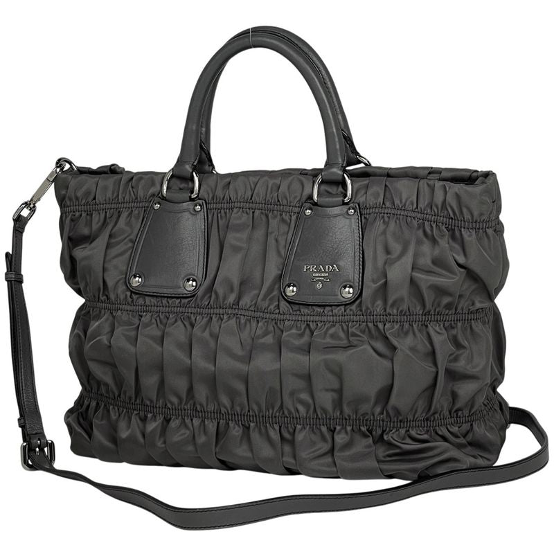 Prada Logo Handbag 2way Shoulder Bag Gather Handbag Nylon Gray Bn1496 Women