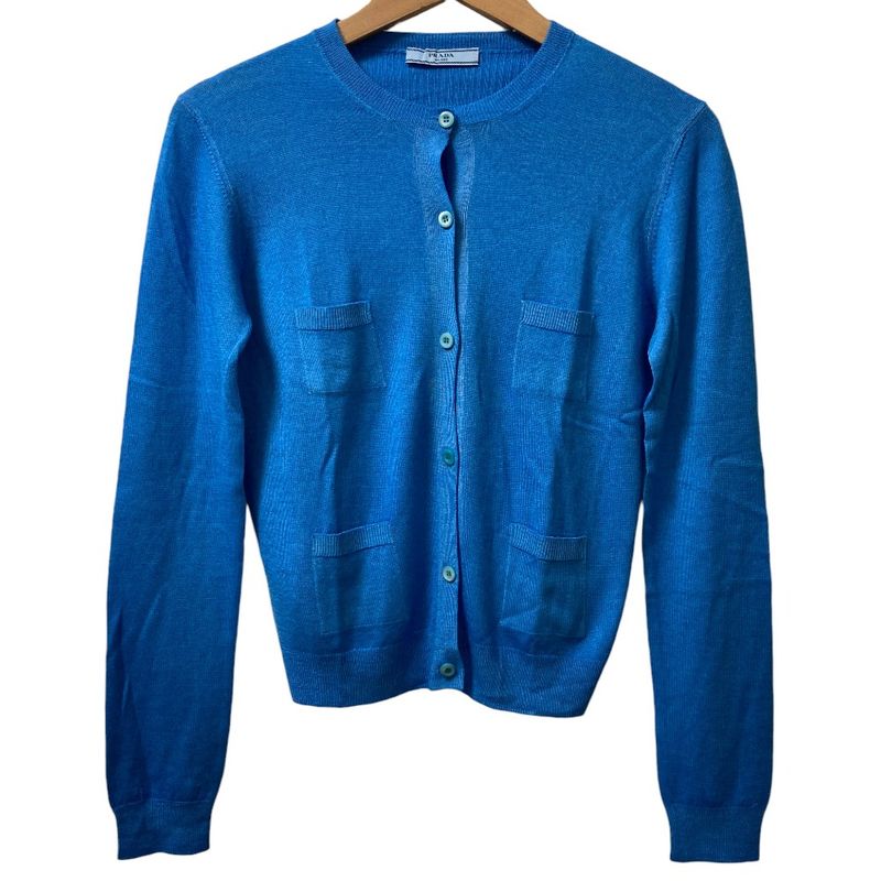 Prada Wool Silk Crew Neck High Gauge Knit Cardigan Size 40 Blue Women's