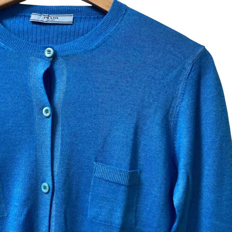 Prada Wool Silk Crew Neck High Gauge Knit Cardigan Size 40 Blue Women's