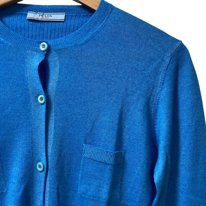 Prada Wool Silk Crew Neck High Gauge Knit Cardigan Size 40 Blue Women's