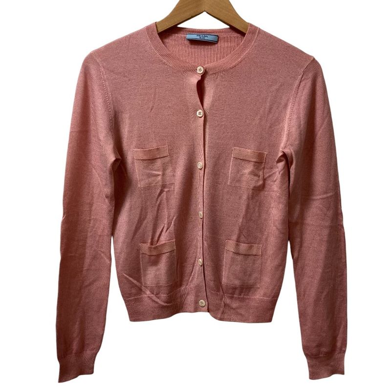 Good Prada Wool Silk Crew Neck High Gauge Knit Cardigan Size 40 Pink Women Used