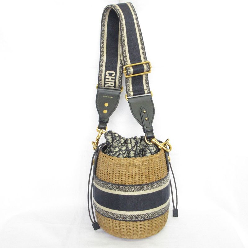 Christian Dior Oblique Wicker Shoulder Bag 63-Ma-1200 Navy Natural Women's